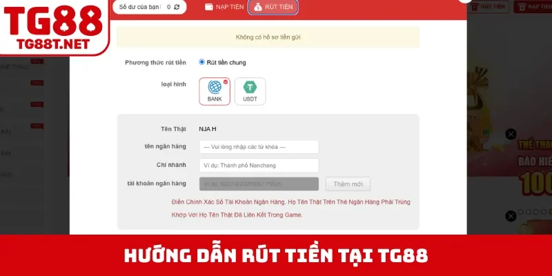 Hướng dẫn rút tiền tại TG88